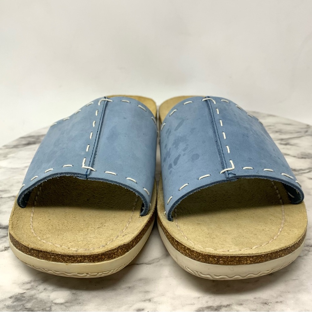 Lands' End Open Toe Top Stitch Blue Leather Slide Sandals 9 Casual Sporty Preppy - Picture 4 of 11